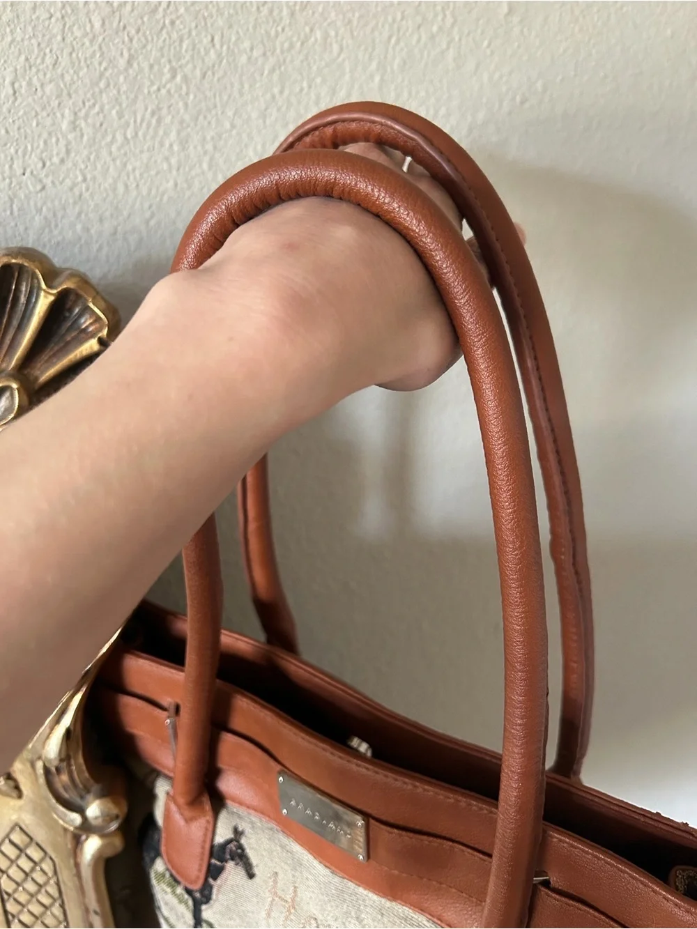 Tapestry Equestrian Tote with Tan Leather Trim
